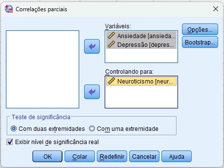 como inserir as variáveis no SPSS para solicitar a correlação parcial.