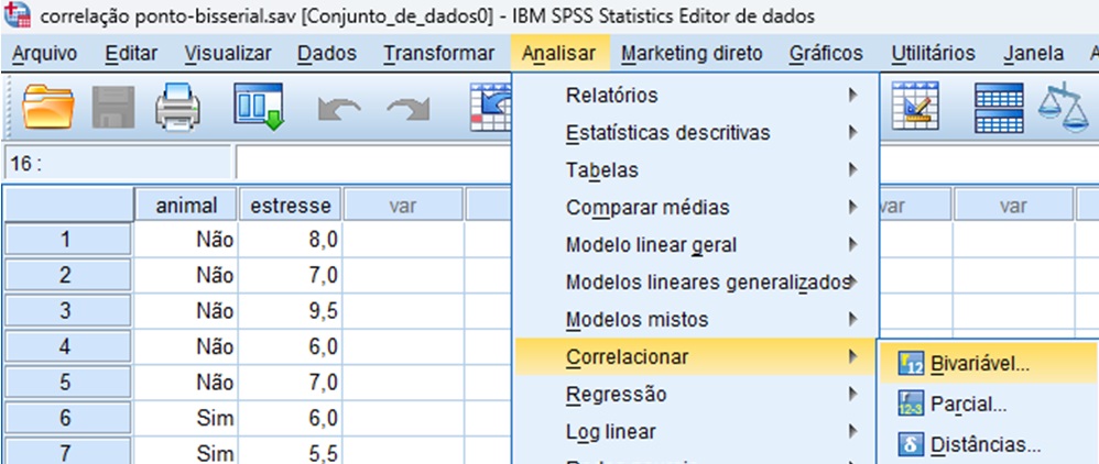 caminho para solicitar uma correlação ponto-bisserial no SPSS.