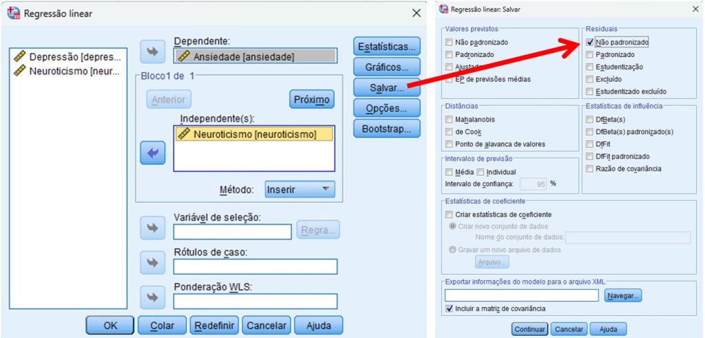 como solicitar regressão linear no SPSS, opções da especificação do modelo.