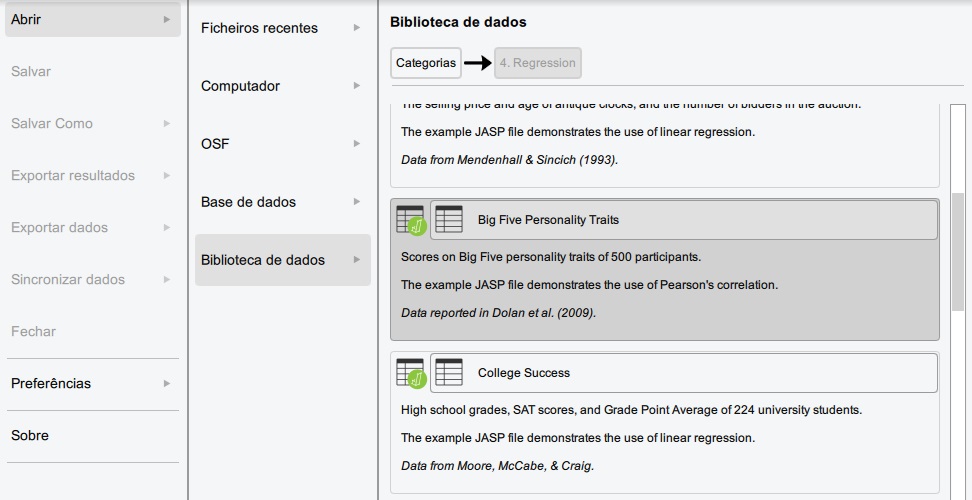 arquivos disponíveis na biblioteca de dados do JASP.