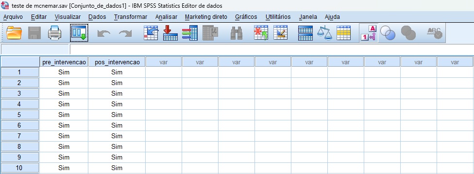 banco de dados no SPSS para tutorial do teste de McNemar.