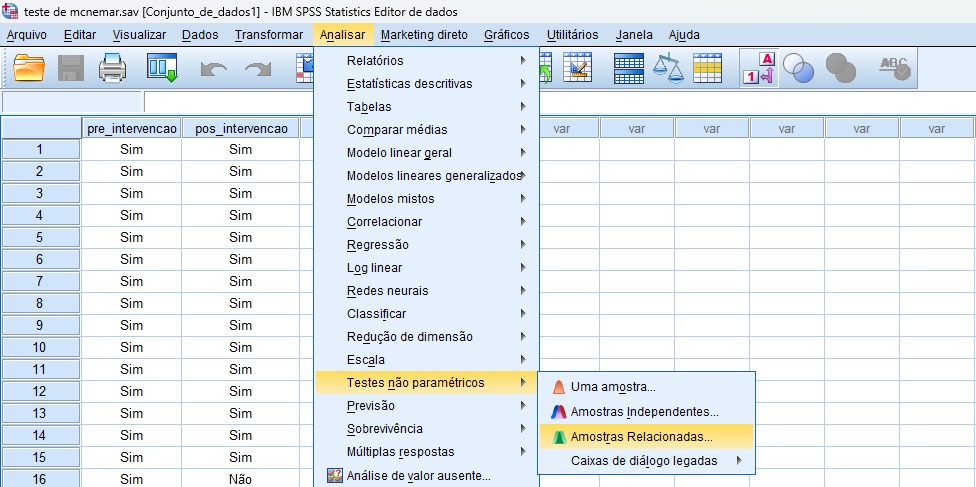 caminho para executar o teste de McNemar no SPSS.