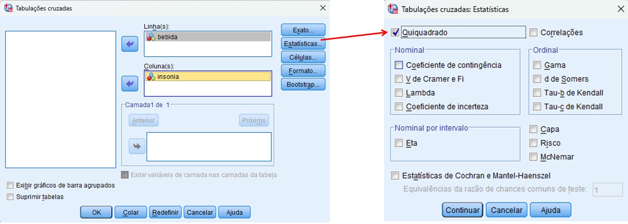 opções para solicitar o teste exato de Fisher no SPSS.