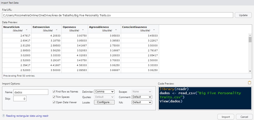 janela do RStudio mostrando como importar arquivo em formato csv usando o Import Dataset.