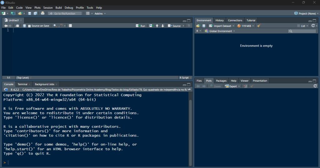 captura de tela da interface gráfica do usuário do RStudio.