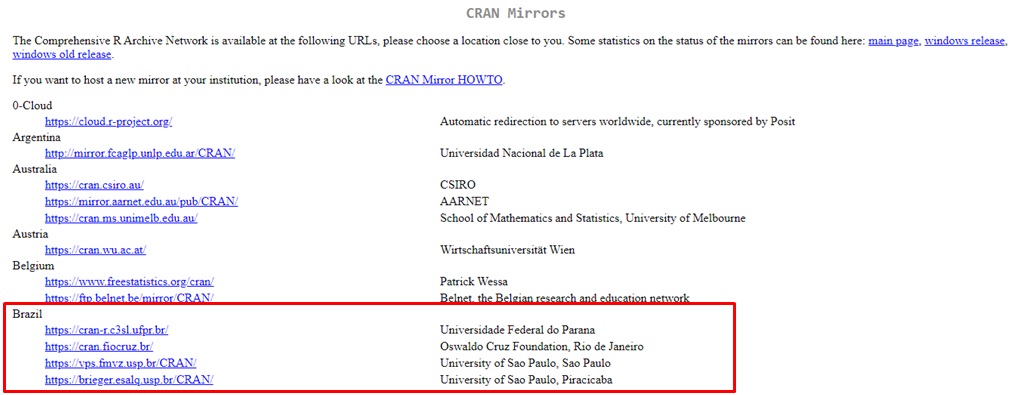 captura de tela dos espelhos do CRAN para download do R.