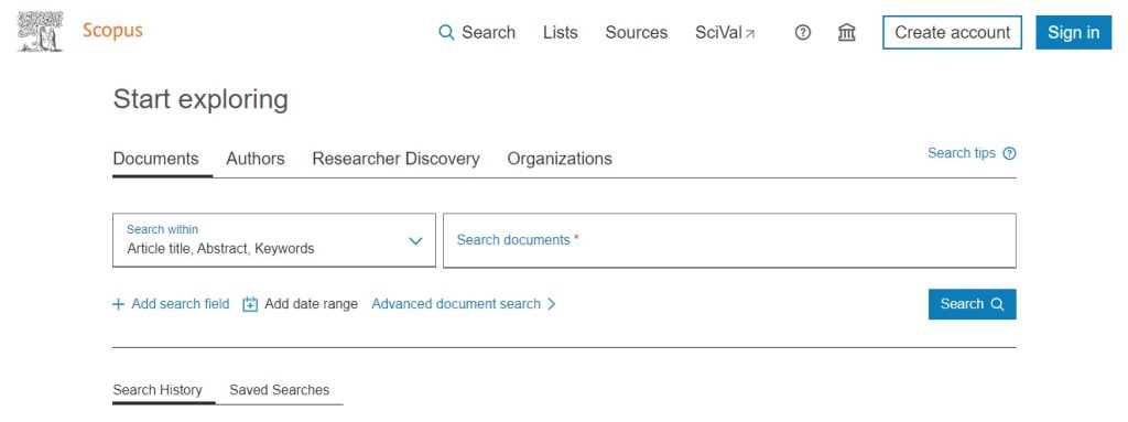 página inicial da Scopus.