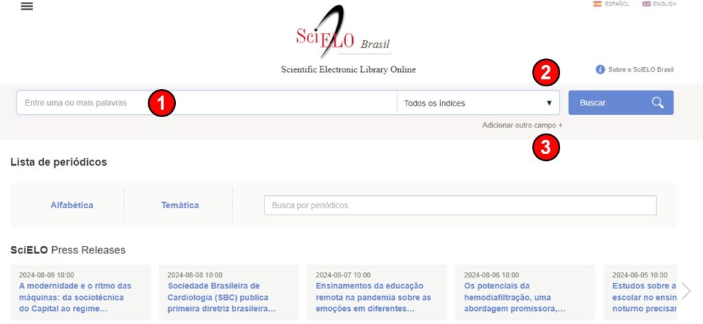 janela principal de buscas para pesquisar artigos no SciELO.