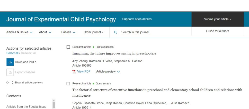 página com um volume de 2024 do Journal of Experimental Child Psychology.