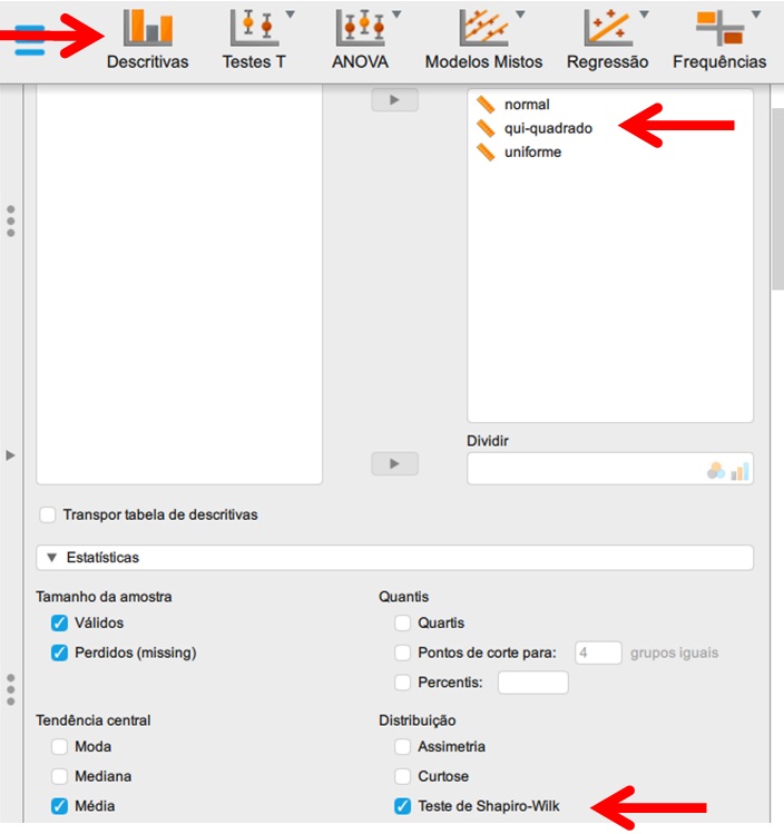 primeiro método para solicitar o teste de Shapiro-Wilk no JASP.