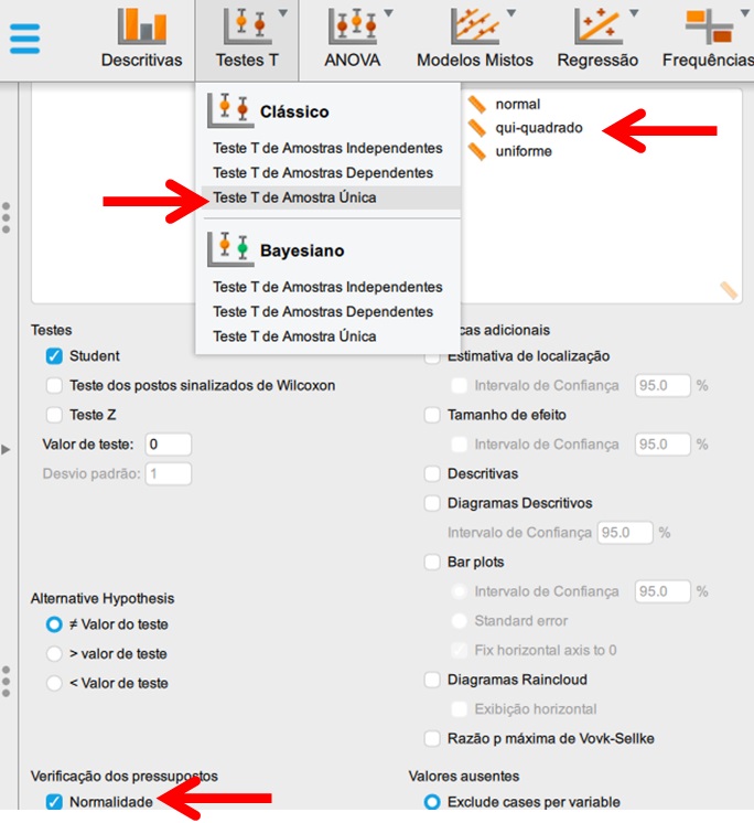segundo método para solicitar o teste de Shapiro-Wilk no JASP.