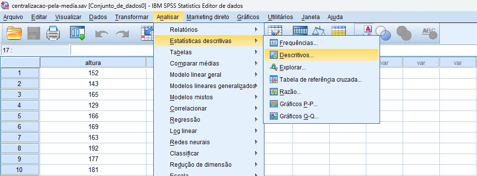 caminho para solicitar estatísticas descritivas das variáveis.