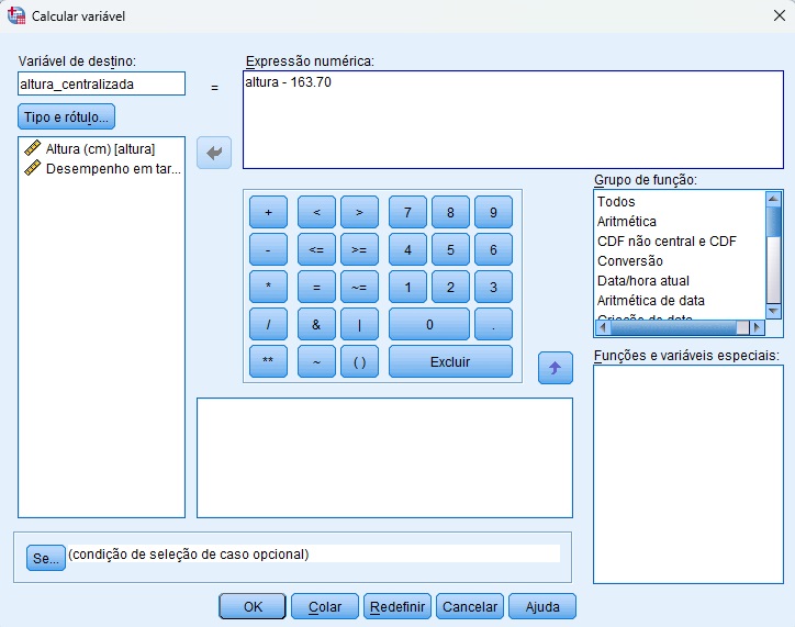 procedimento para centralizar variável no SPSS.