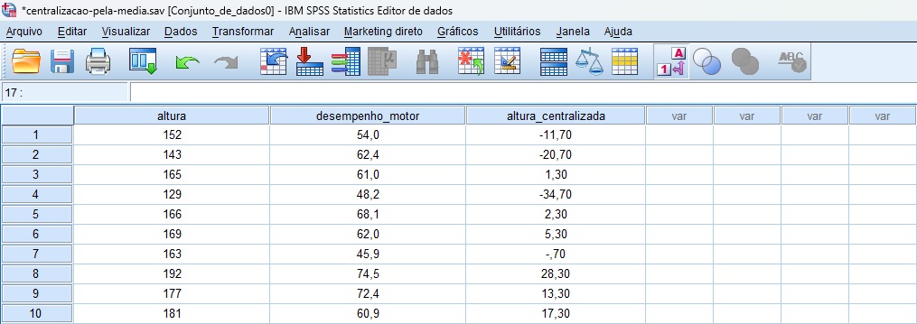 banco de dados do SPSS com nova variável, após centralizar os dados de altura pela média.