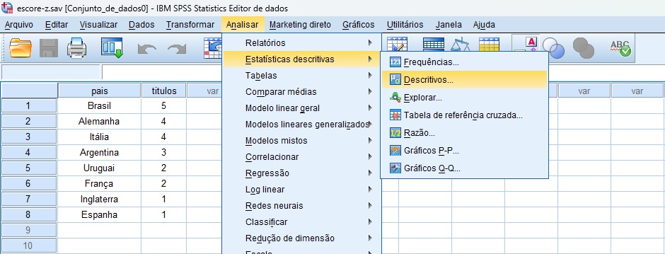 como calcular o escore z no SPSS, caminho.