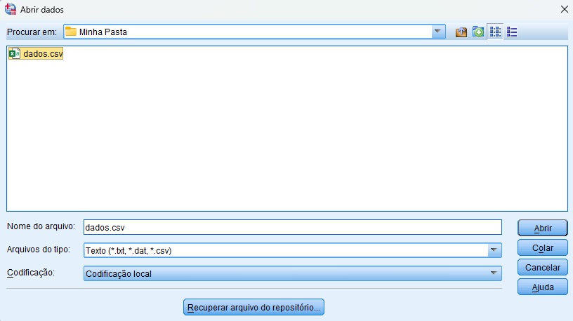 escolhendo qual arquivo abrir no SPSS.
