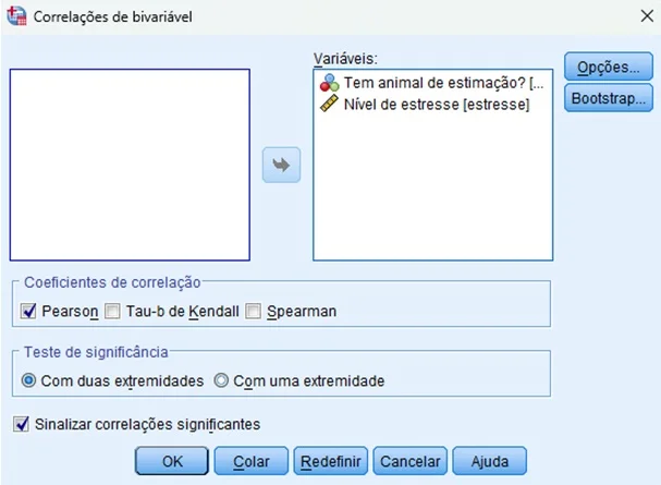 opções da análise de correlação ponto-bisserial no SPSS.