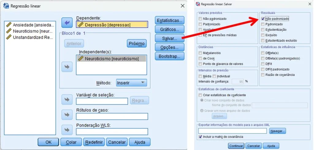 como solicitar regressão linear simples no SPSS, opções da especificação do modelo.