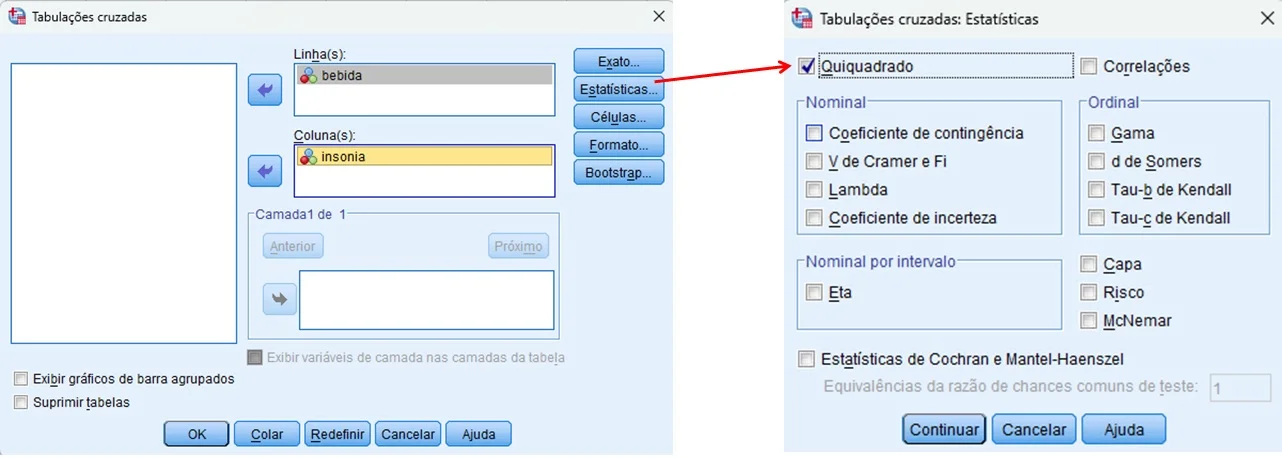 opções para solicitar o teste exato de Fisher no SPSS.