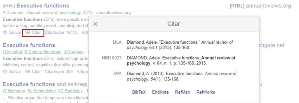 Recurso "citar" no Google Scholar.